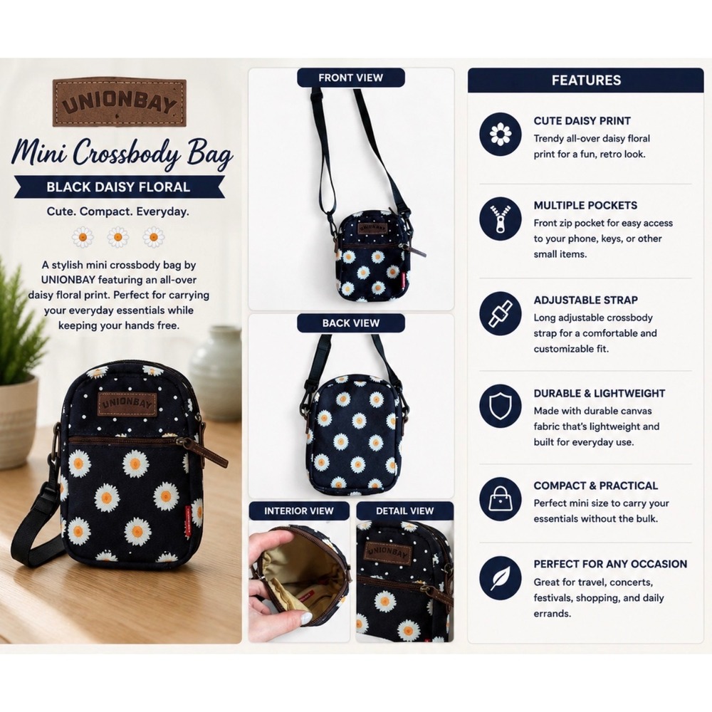 UNIONBAY Mini Crossbody Bag Black Daisy Floral Adjustable Strap Y2K Purse